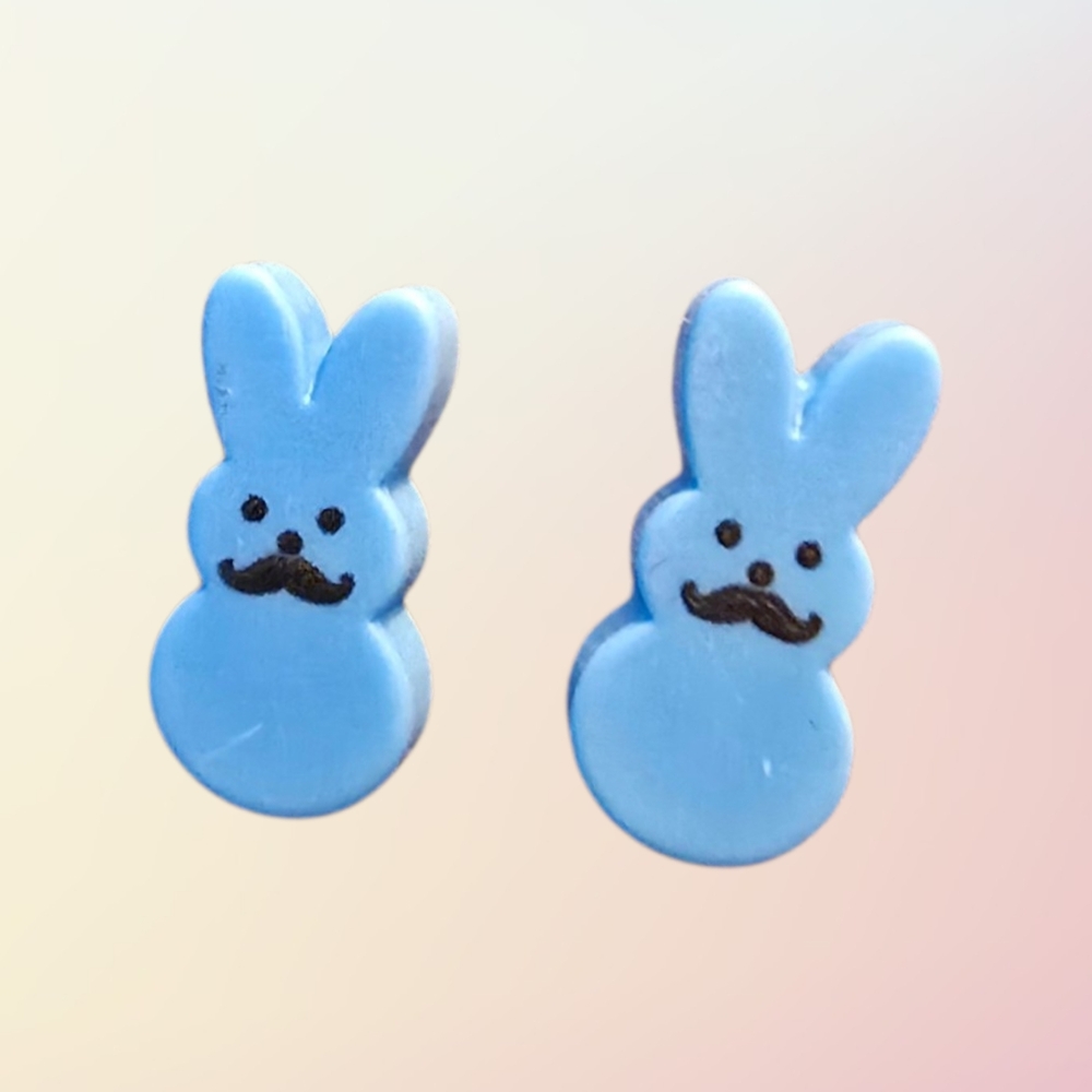 Bunny Rabbit Easter Blue Stud Earrings Resin Handmade Stainless Steel 0.8" New
